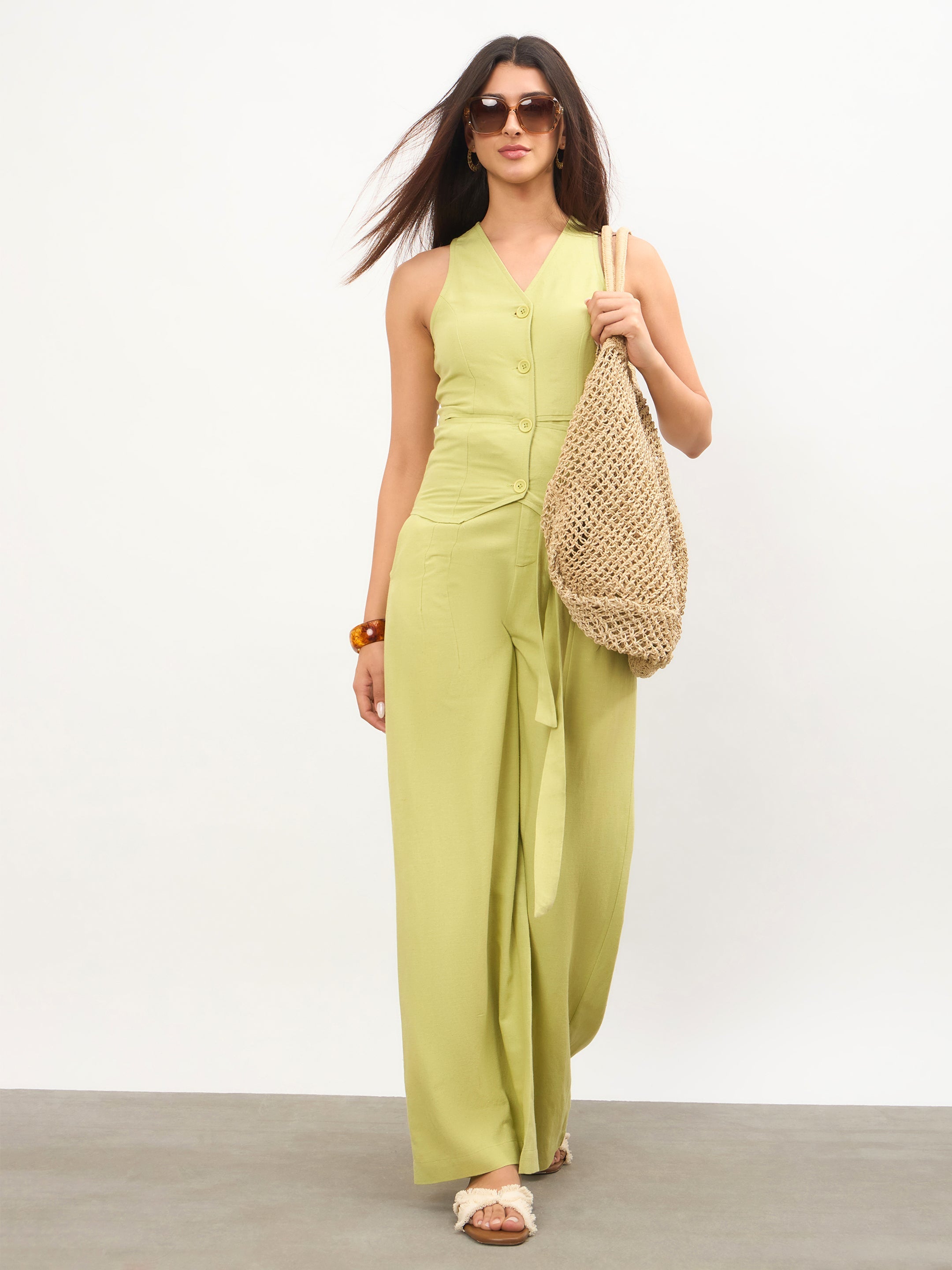 Women Green Vest Top With Belted Straight Pants