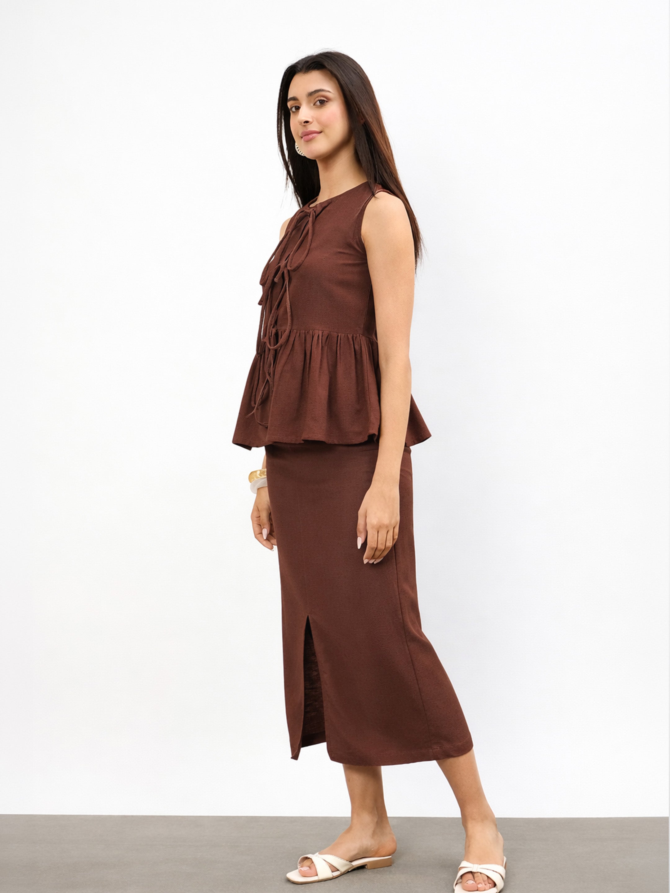 Women Brown Front Knot Peplum Top With Straight Skirt