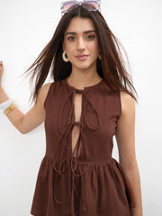 Women Brown Front Knot Peplum Top With Straight Skirt