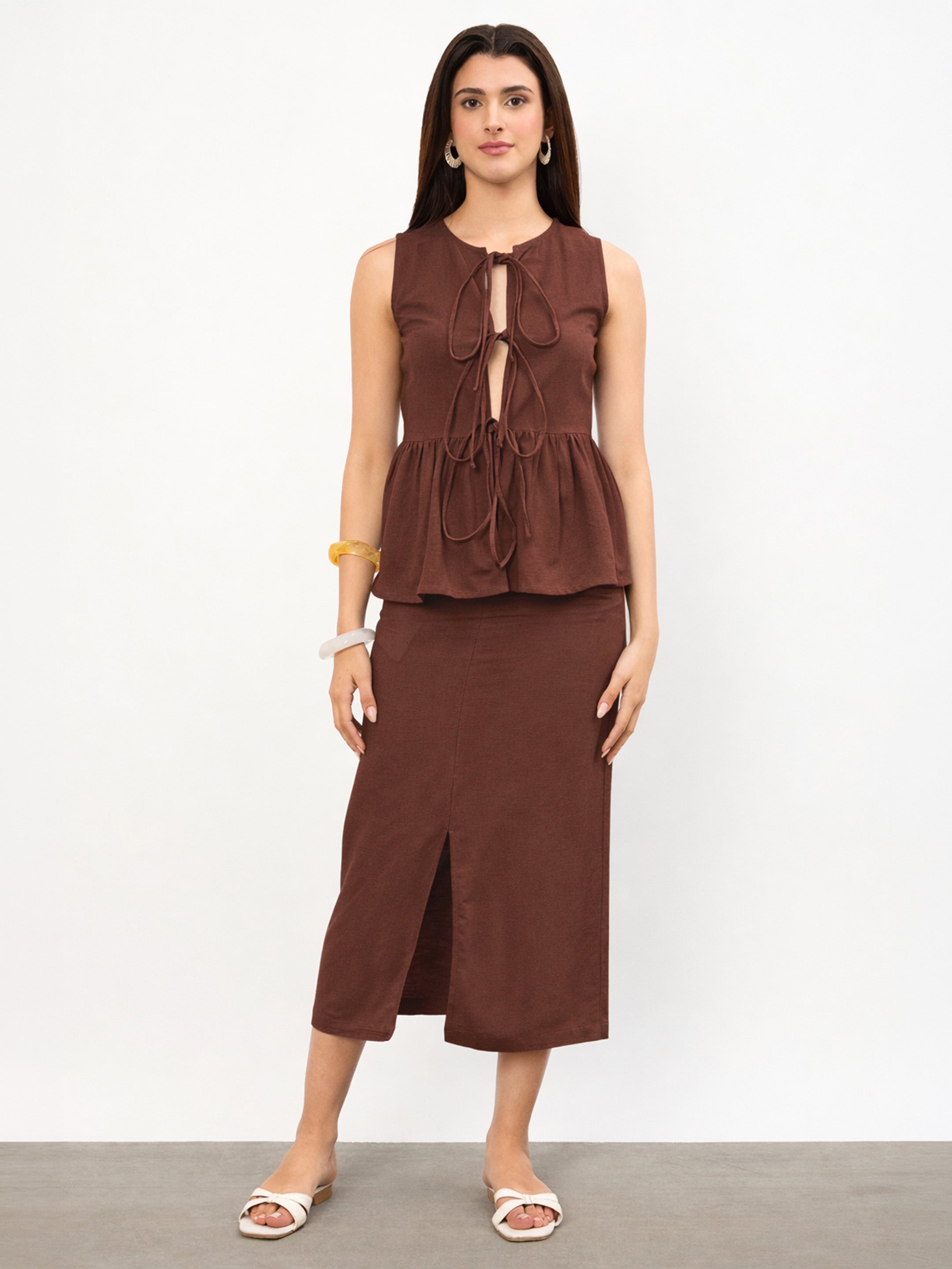 Women Brown Front Knot Peplum Top With Straight Skirt