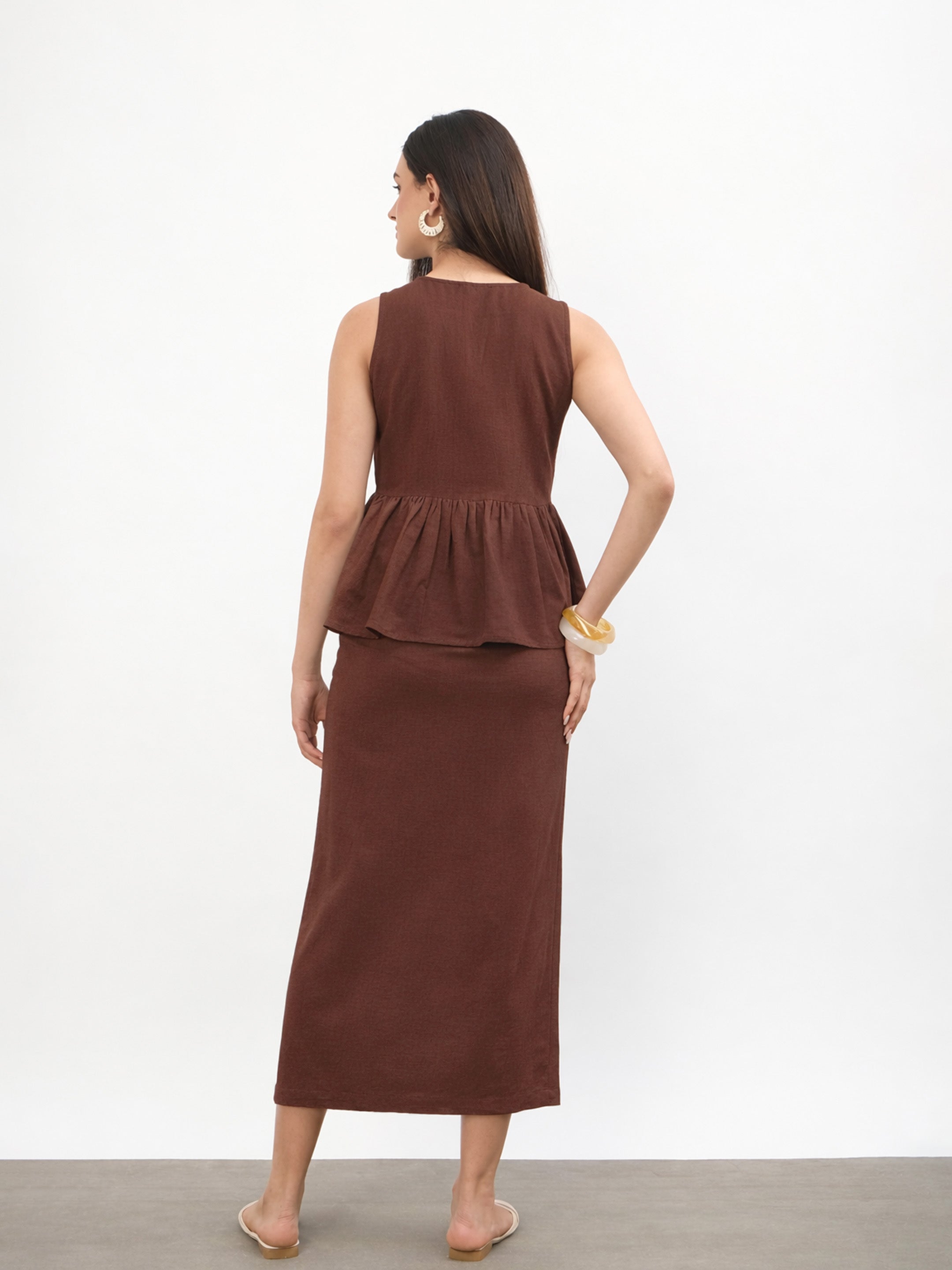 Women Brown Front Knot Peplum Top With Straight Skirt