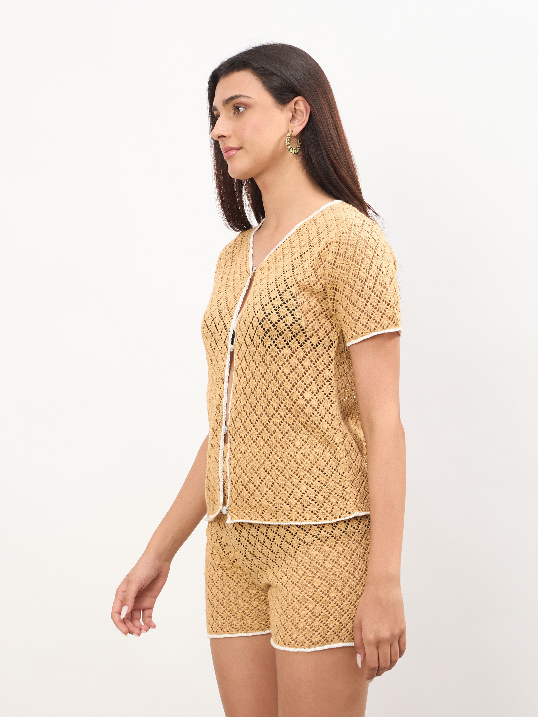 Women Beige Front Button Oversize Top With Shorts