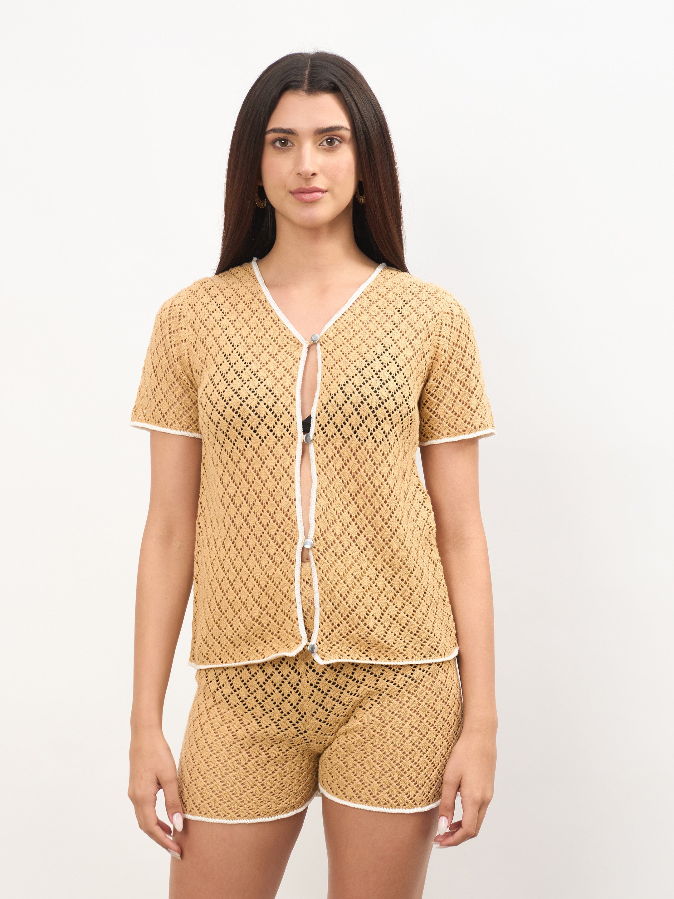 Women Beige Front Button Oversize Top With Shorts