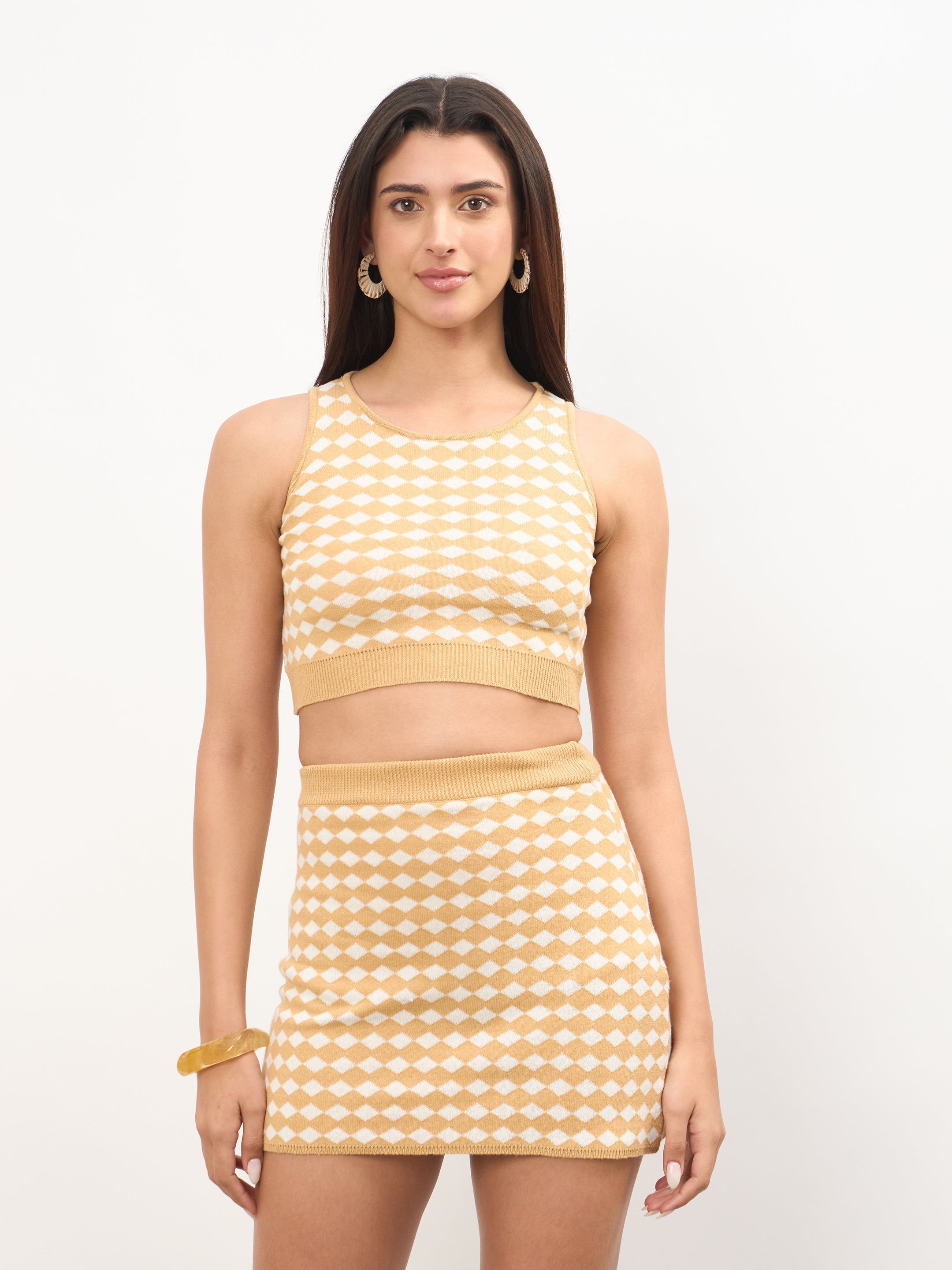 Women Beige & White Round Neck Crop Top With Mini Skirt