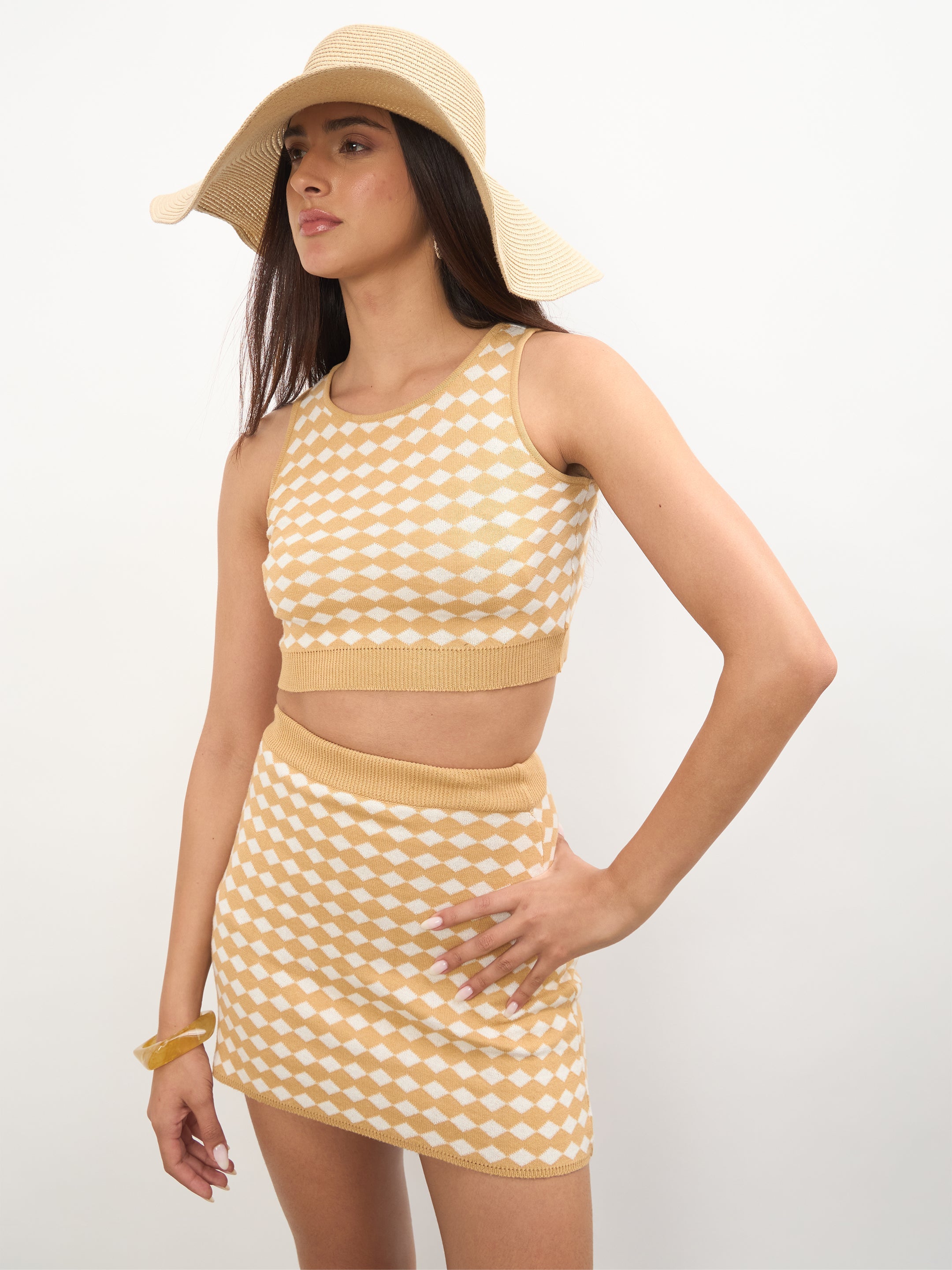 Women Beige & White Round Neck Crop Top With Mini Skirt