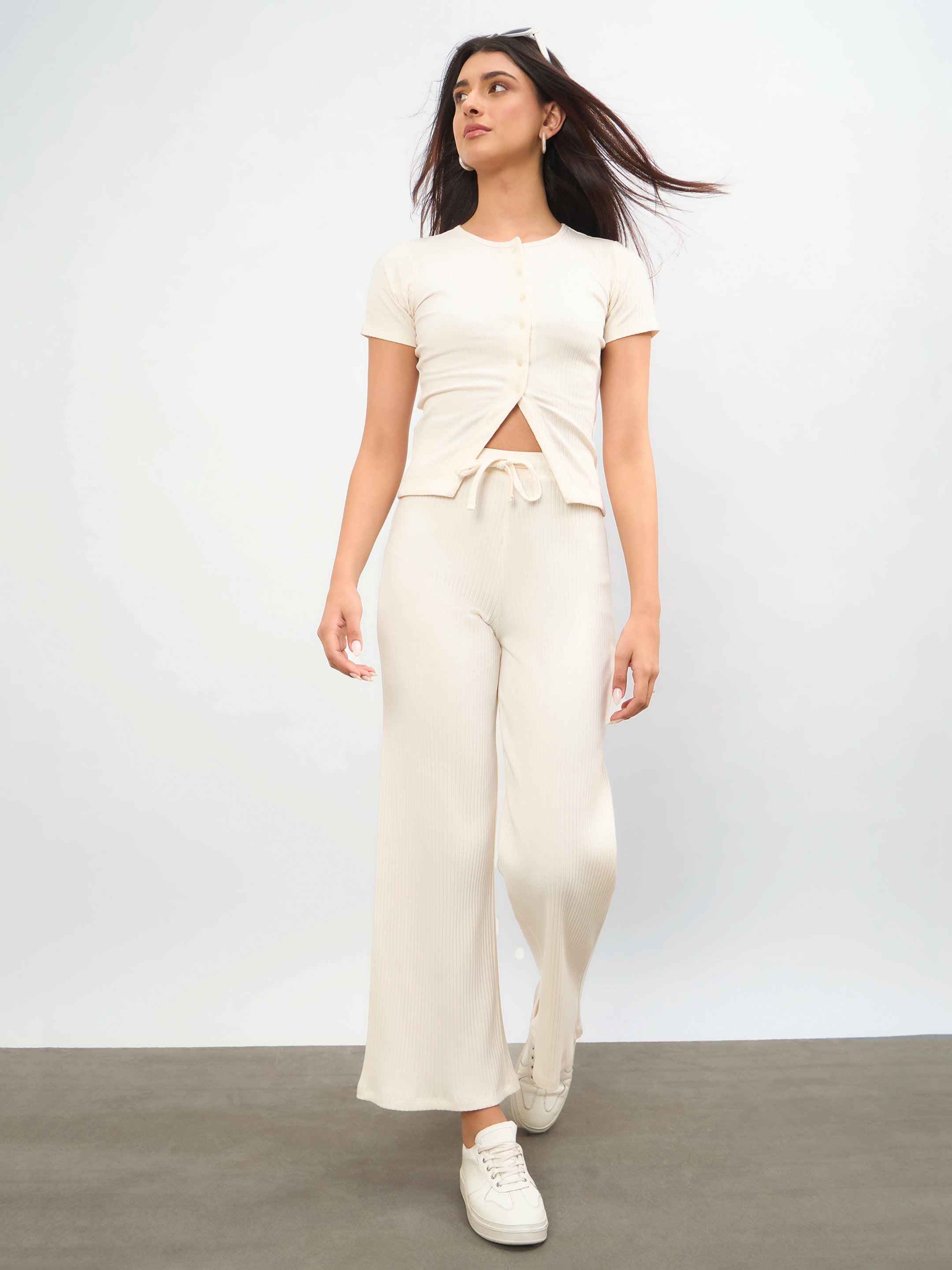 Women Off-White Round Neck Button Down Top With Drawstring Pants