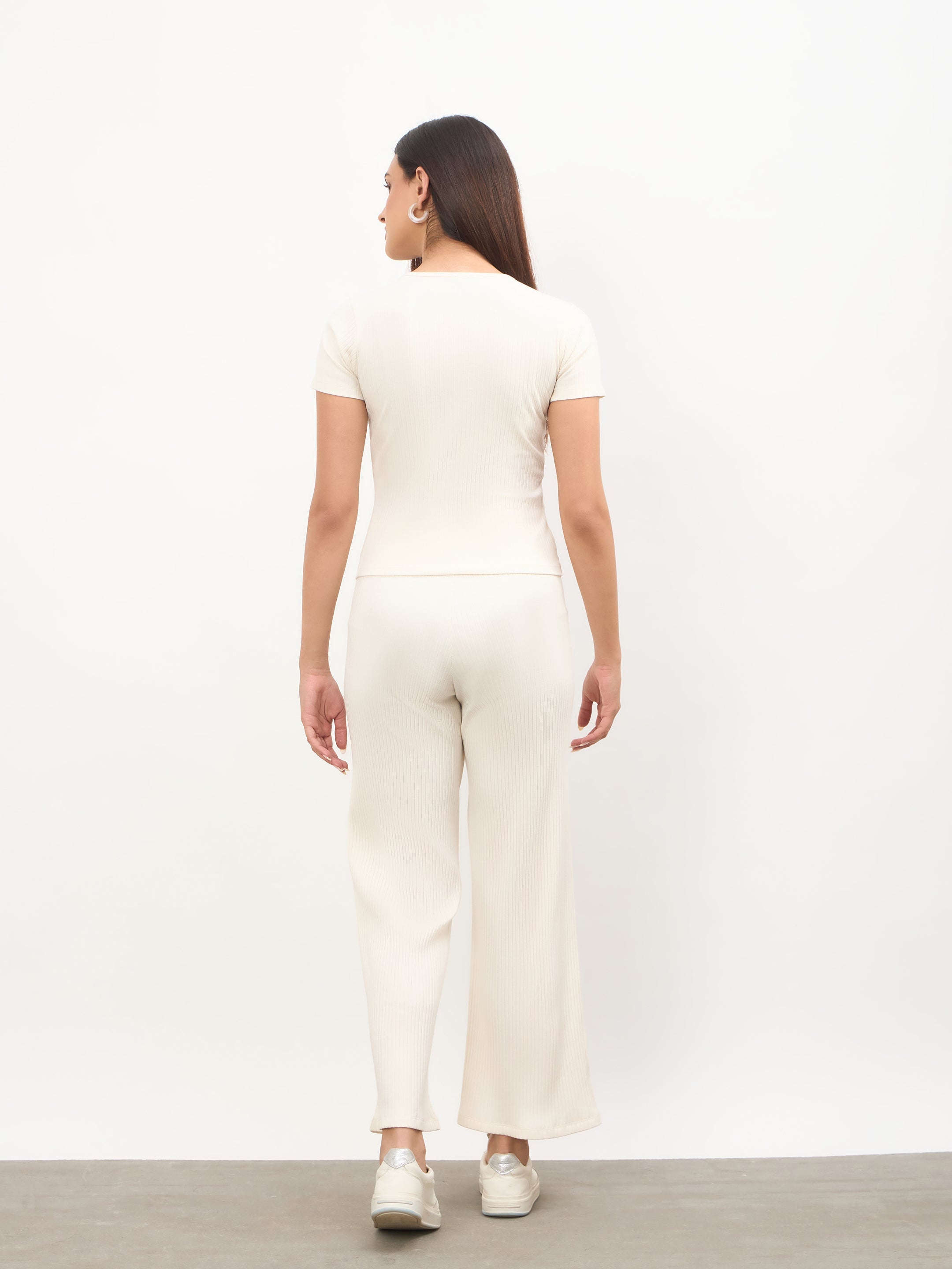 Women Off-White Round Neck Button Down Top With Drawstring Pants