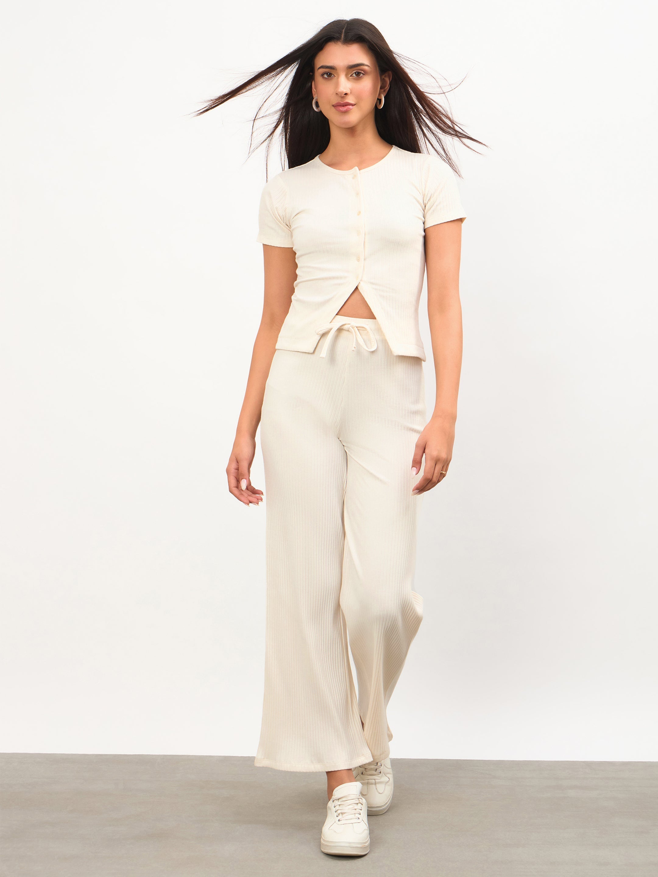 Women Off-White Round Neck Button Down Top With Drawstring Pants
