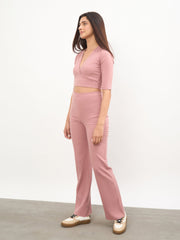 Women Pink V-Neck Crop Top With Elasticated Pants