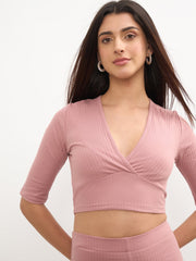 Women Pink V-Neck Crop Top With Elasticated Pants
