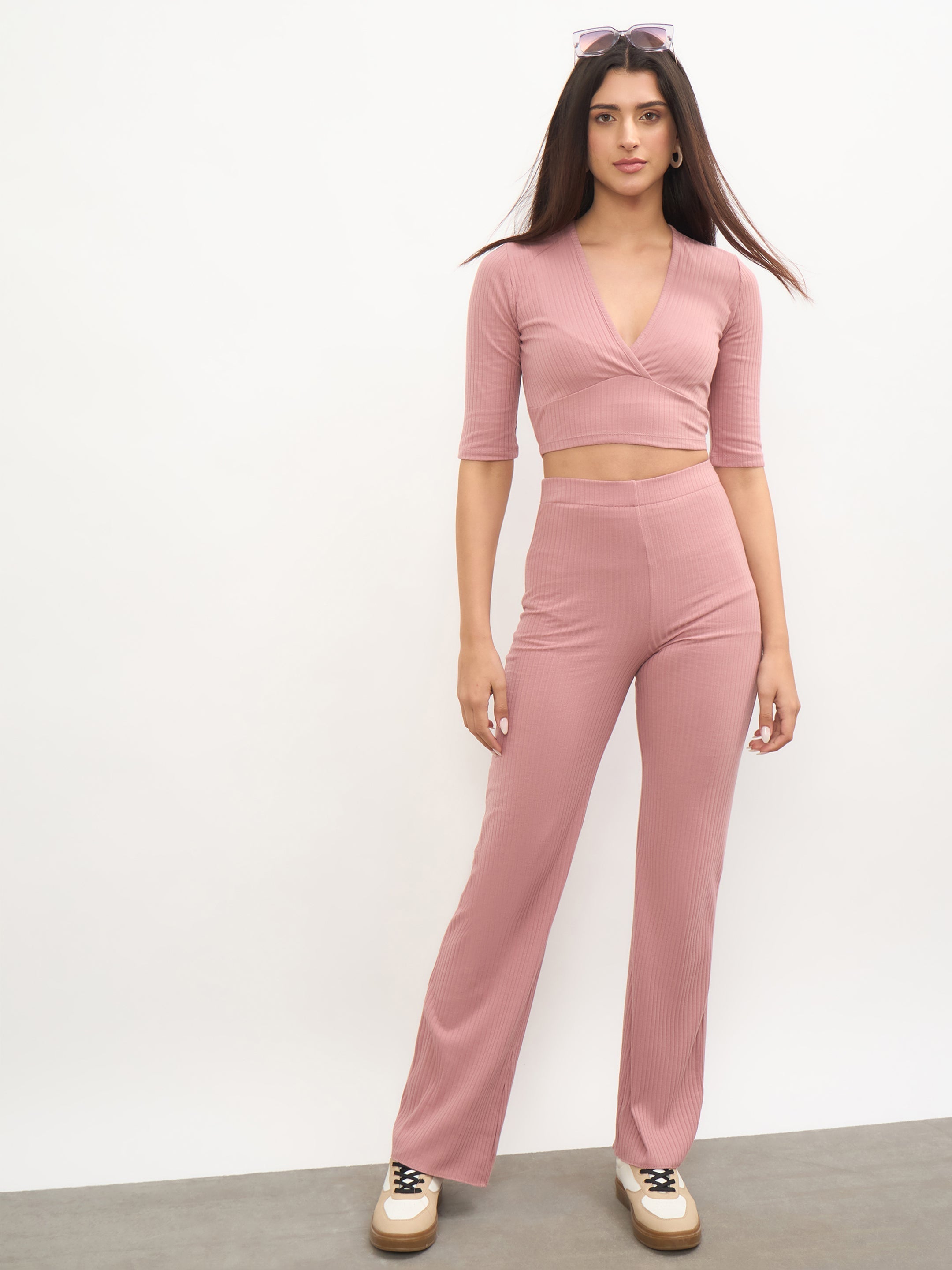 Women Pink V-Neck Crop Top With Elasticated Pants