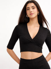 Women Black V-Neck Crop Top With Elasticated Pants