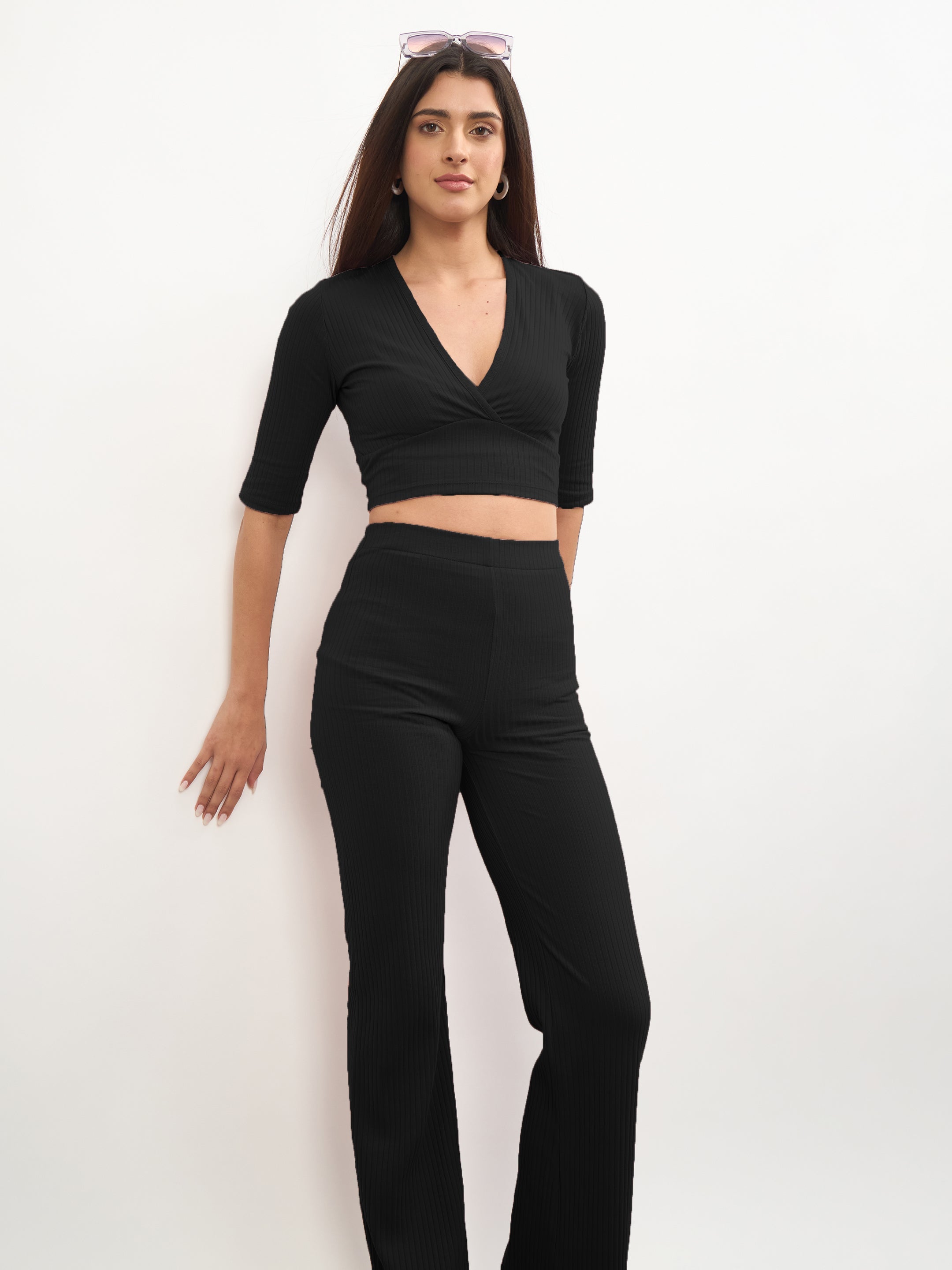 Women Black V-Neck Crop Top With Elasticated Pants