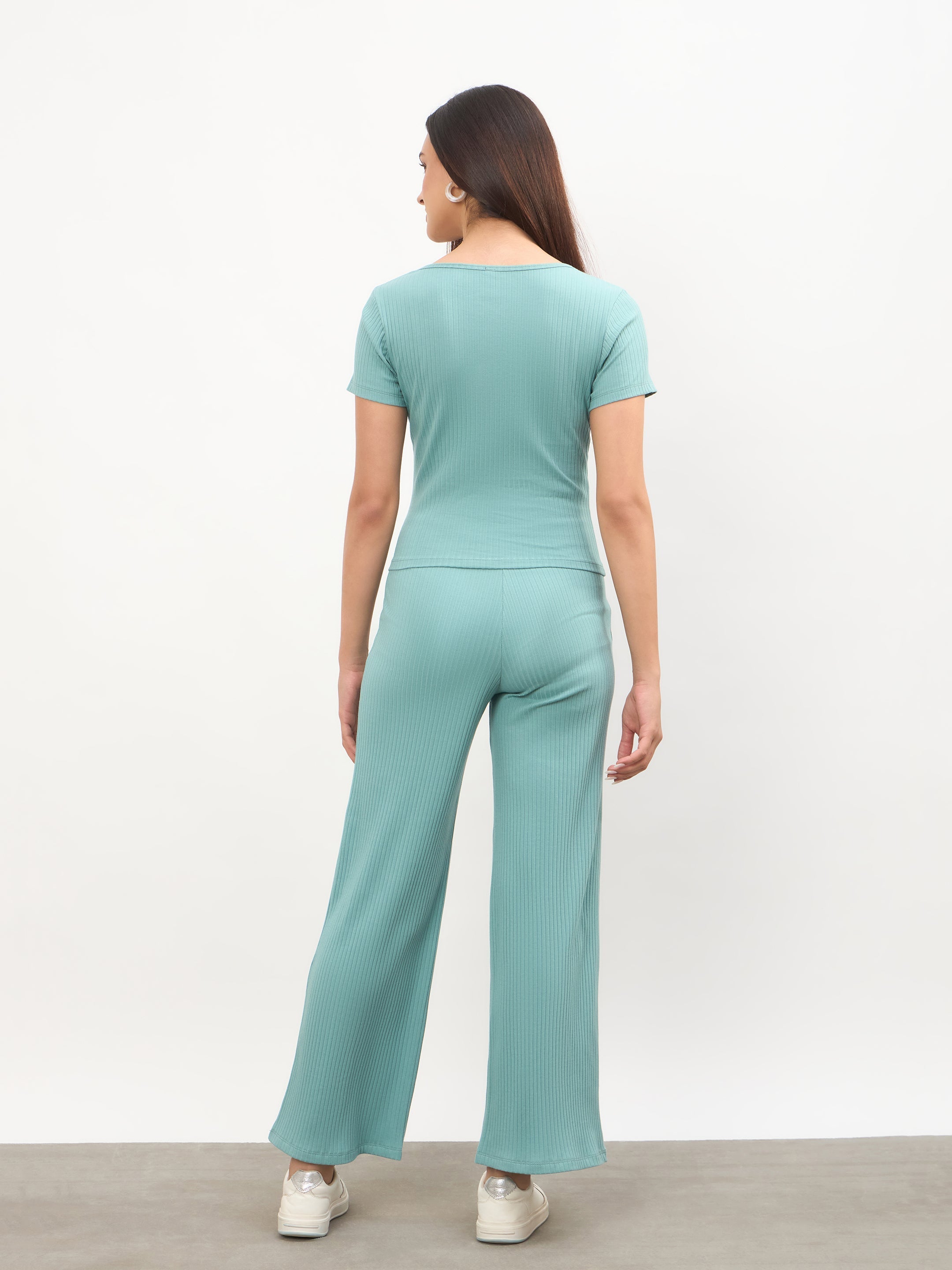 Women Sea Green Square-Neck Regular Top With Straight Pants