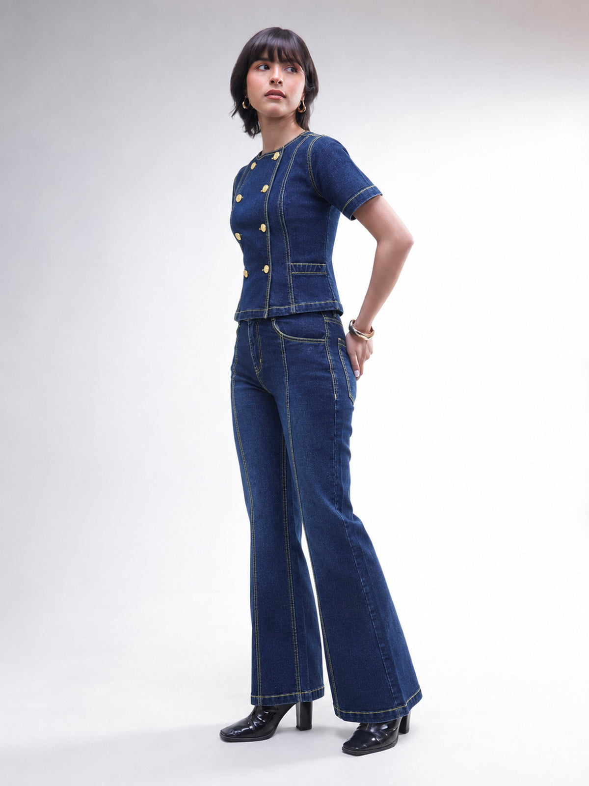Navy Denim Button Down Top With Bell Bottom Jeans-SASSAFRAS