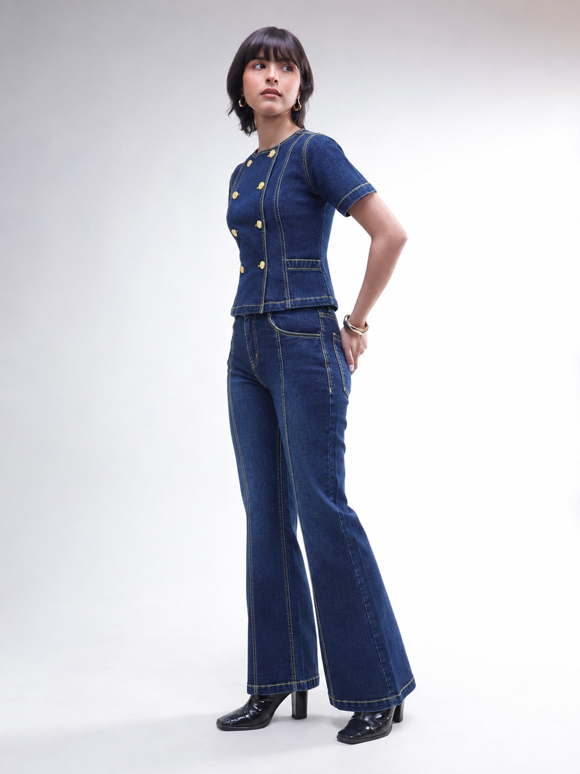 Navy Denim Button Down Top With Bell Bottom Jeans-SASSAFRAS