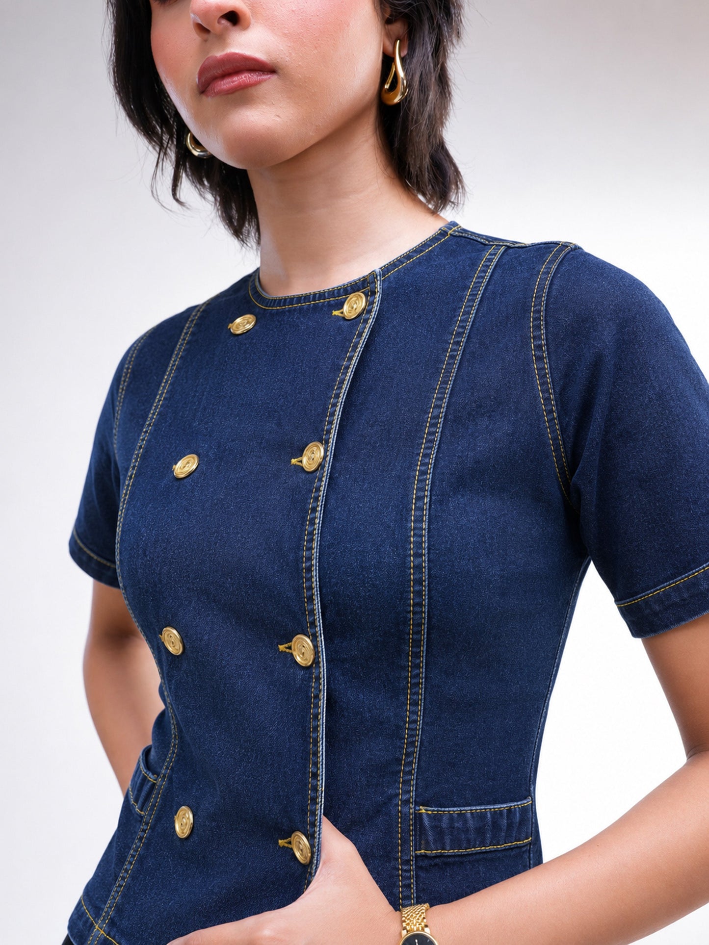 Navy Denim Button Down Top With Bell Bottom Jeans-SASSAFRAS