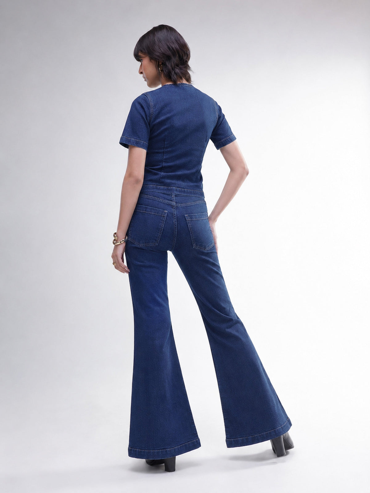 Navy Denim Button Down Top With Bell Bottom Jeans-SASSAFRAS