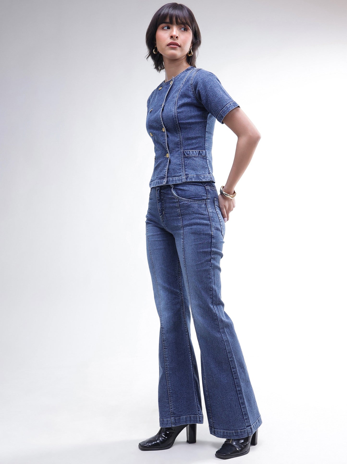 Blue Denim Button Down Top With Bell Bottom Jeans-SASSAFRAS
