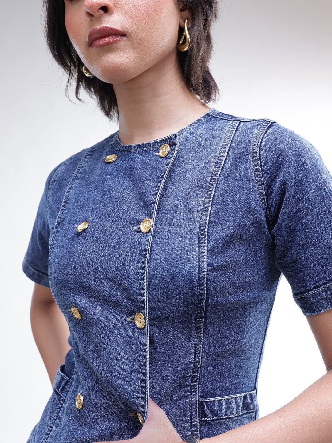 Blue Denim Button Down Top With Bell Bottom Jeans-SASSAFRAS