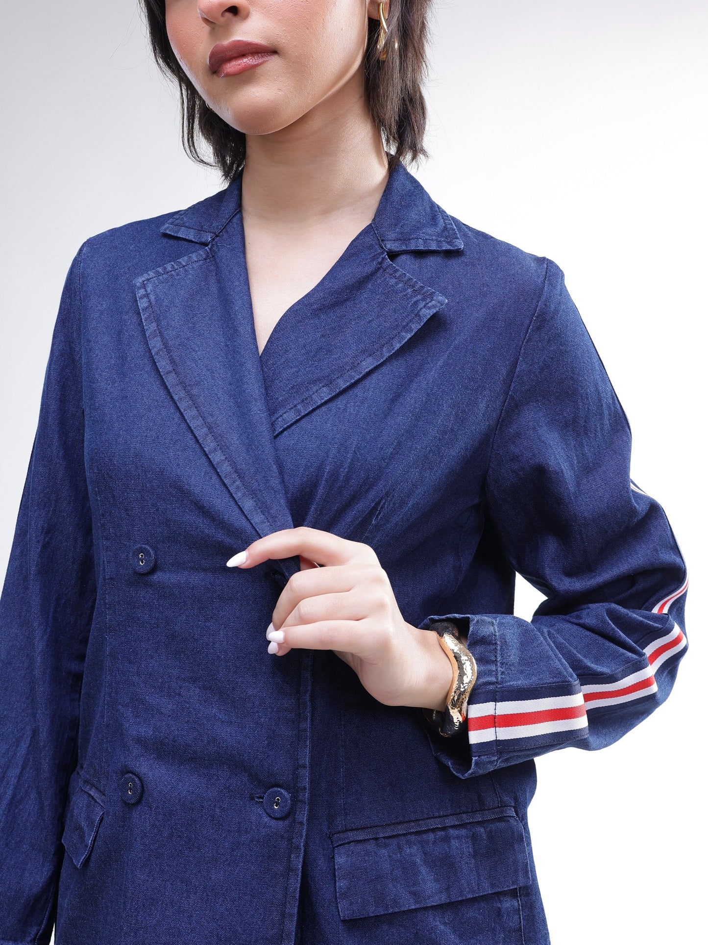 Navy Denim Double Breasted Blazer With Straight Fit Jeans-SASSAFRAS