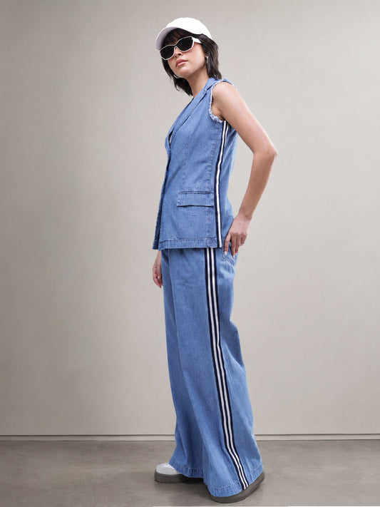 Blue Denim Sleeveless Blazer With Wide Leg Jeans-SASSAFRAS