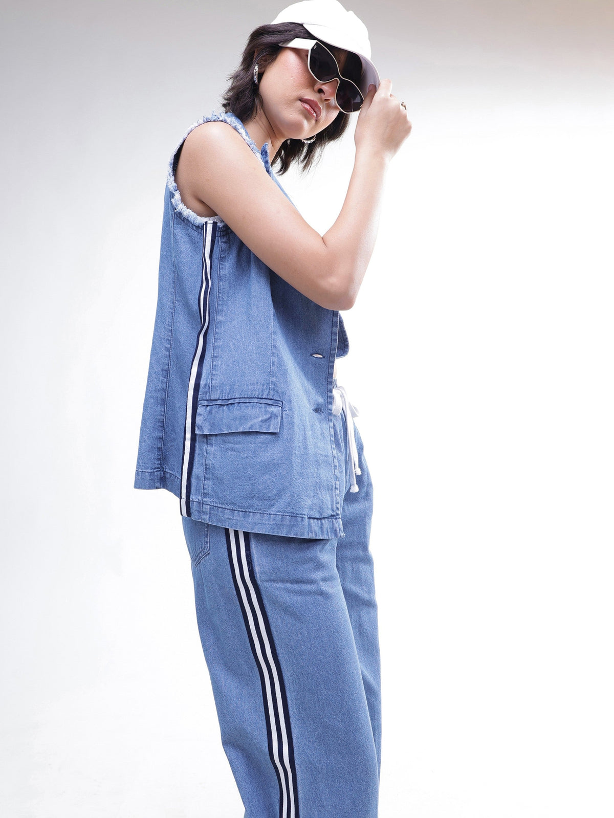 Blue Denim Sleeveless Blazer With Wide Leg Jeans-SASSAFRAS