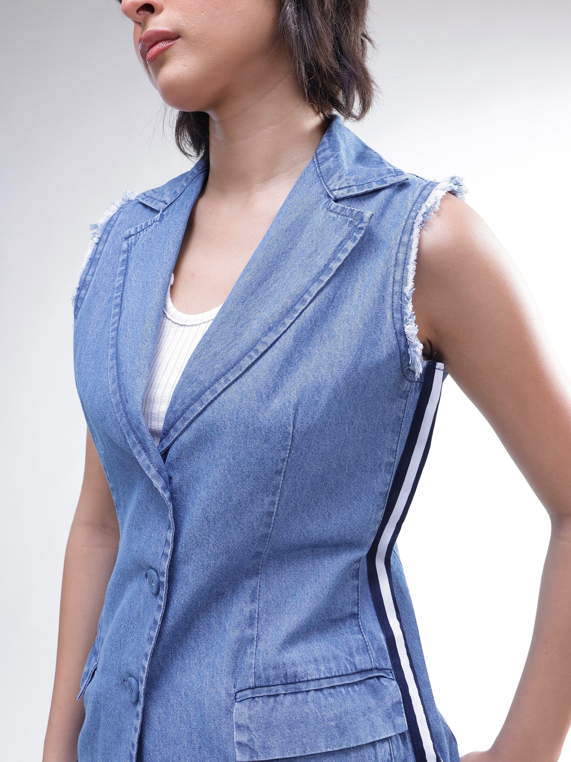 Blue Denim Sleeveless Blazer With Wide Leg Jeans-SASSAFRAS