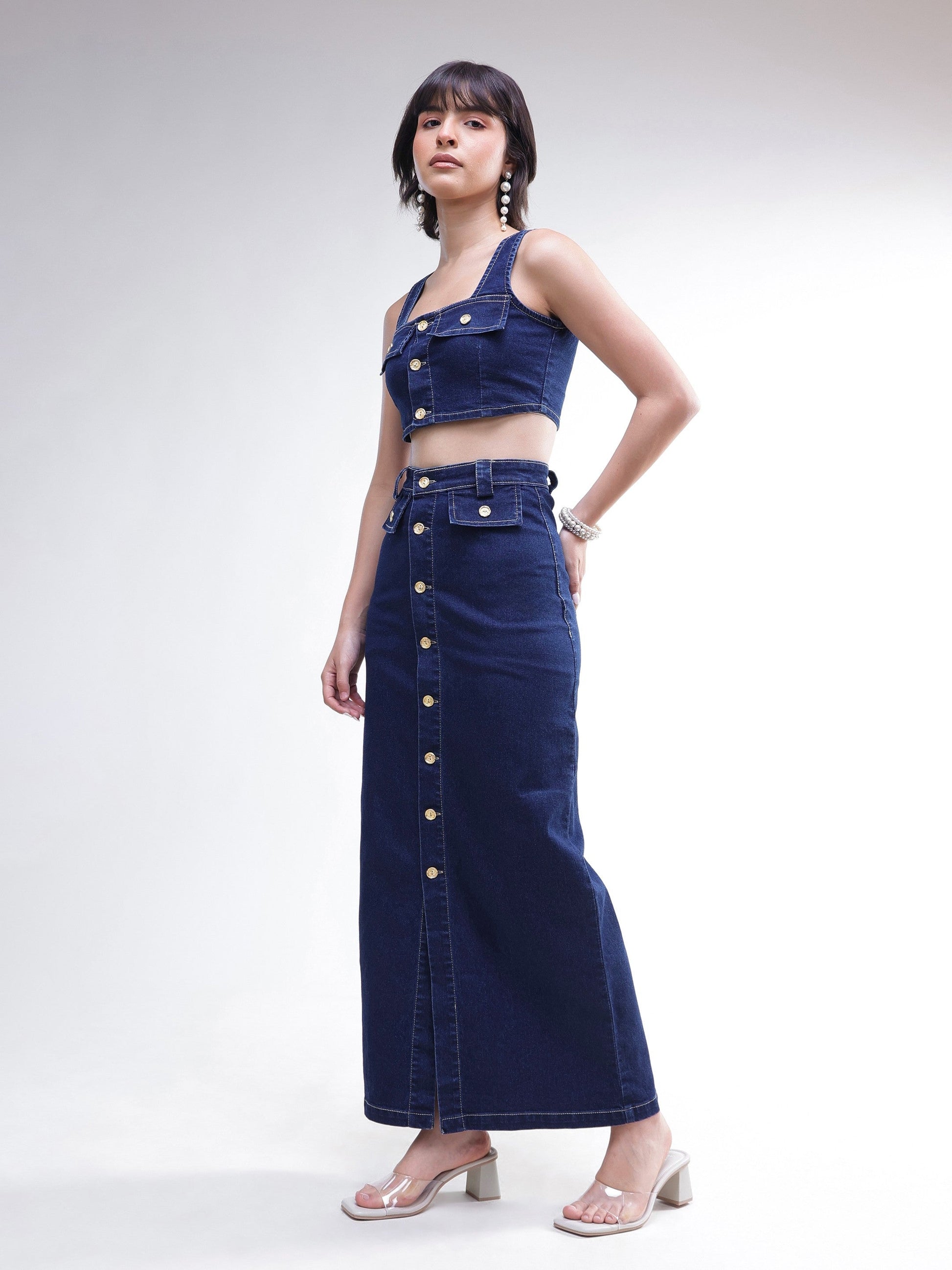 Navy Denim Front Button Crop Top With Skirt-SASSAFRAS