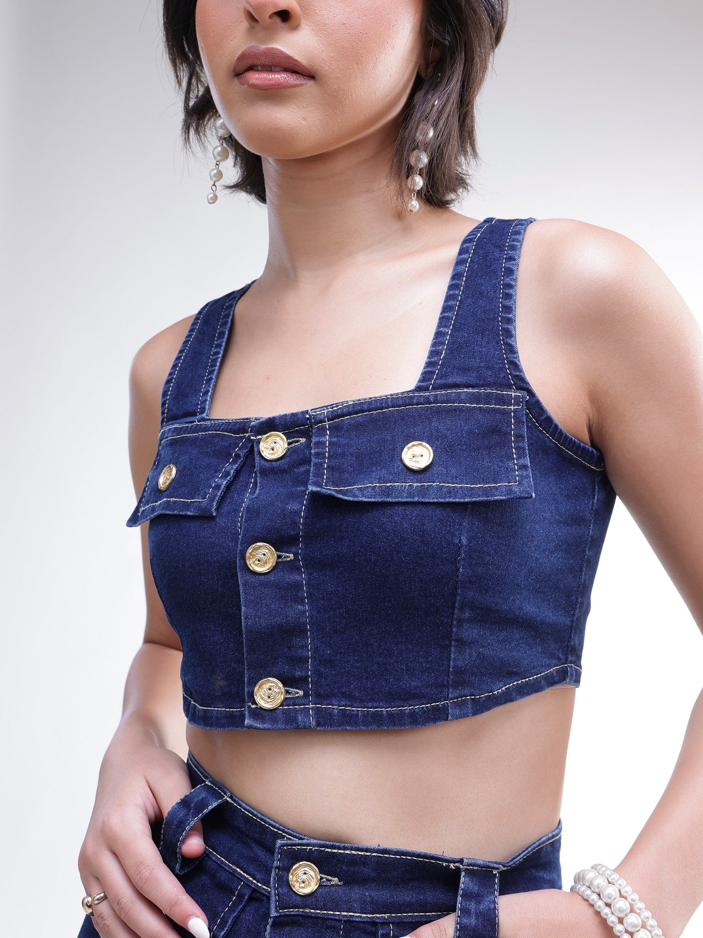 Navy Denim Front Button Crop Top With Skirt-SASSAFRAS