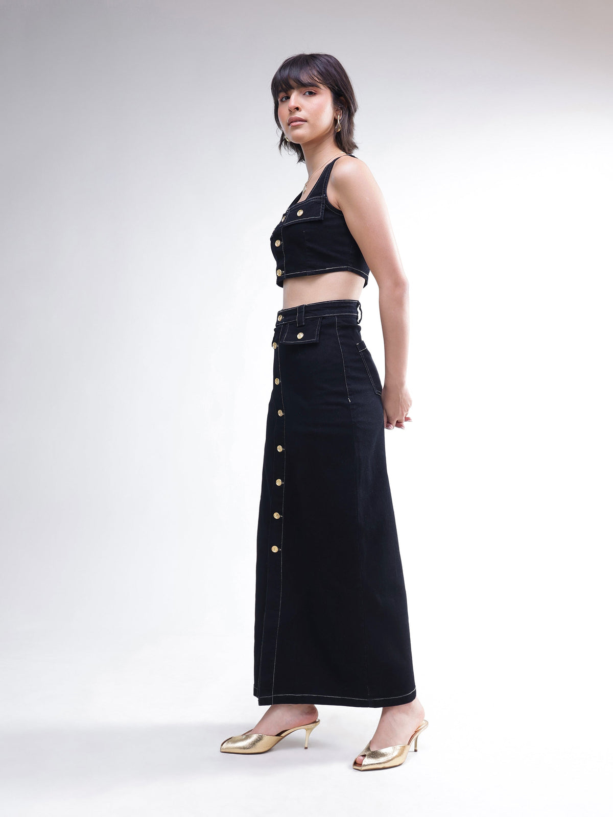 Black Denim Front Button Crop Top With Skirt-SASSAFRAS
