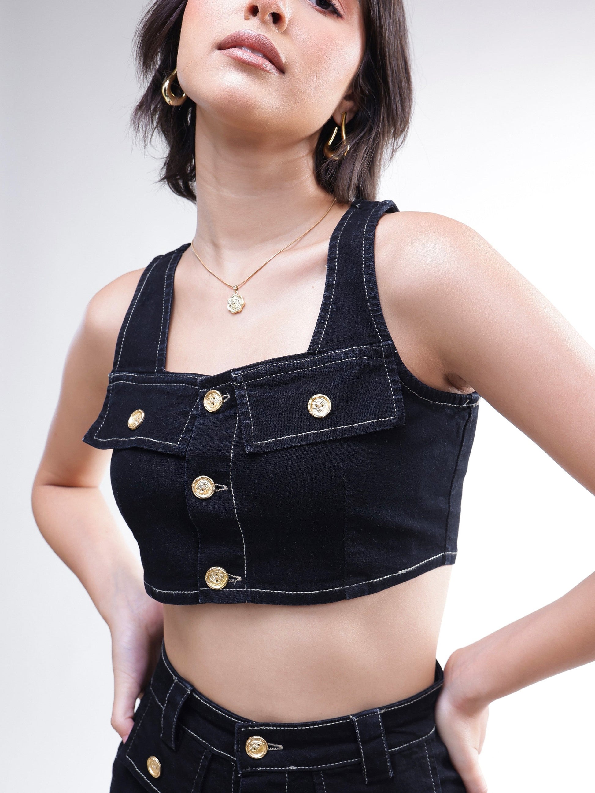 Black Denim Front Button Crop Top With Skirt-SASSAFRAS