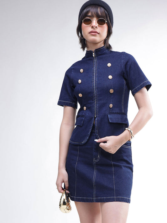 Navy Denim Front Zipper Top With Mini Skirt-SASSAFRAS