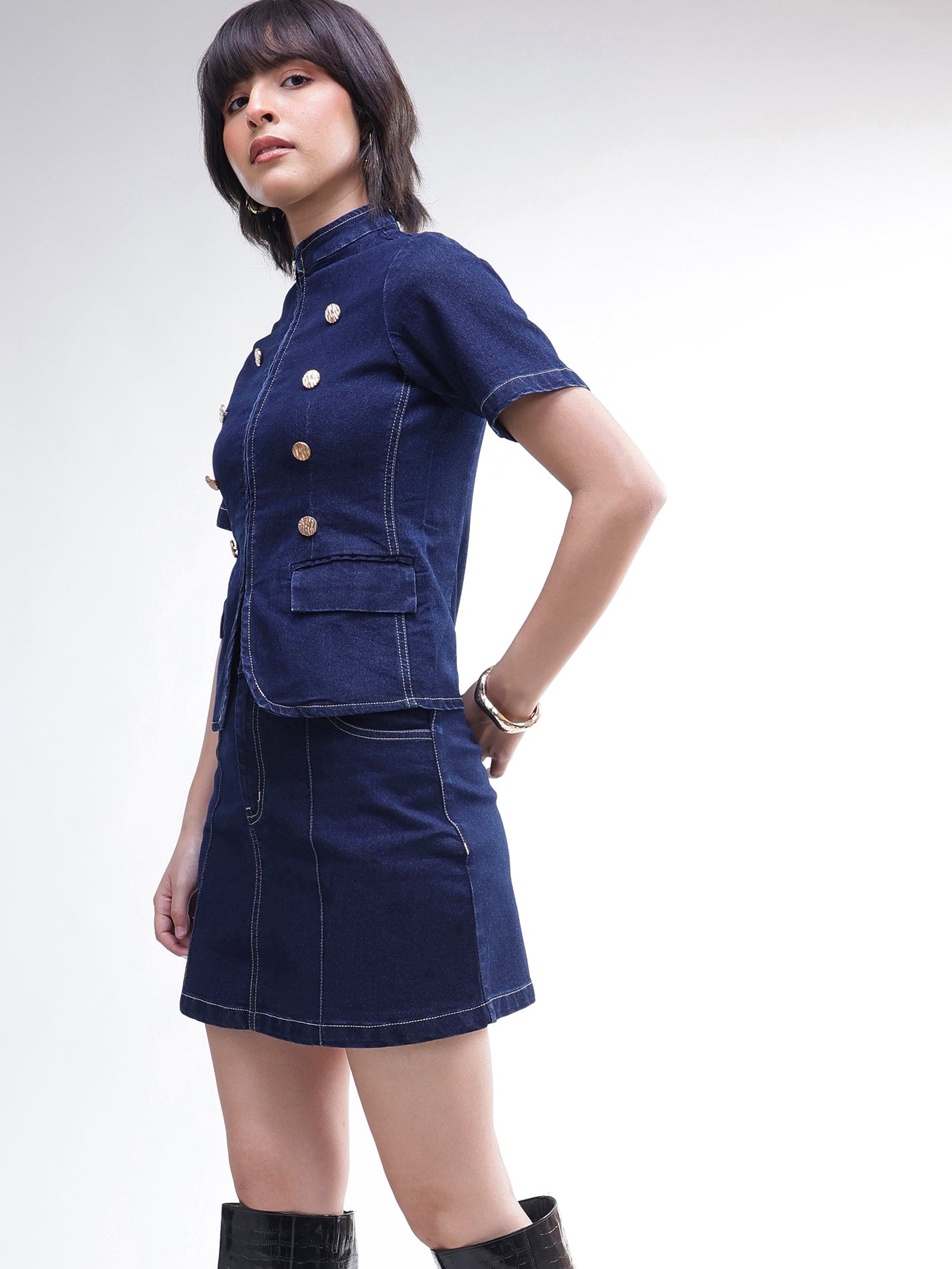 Navy Denim Front Zipper Top With Mini Skirt-SASSAFRAS