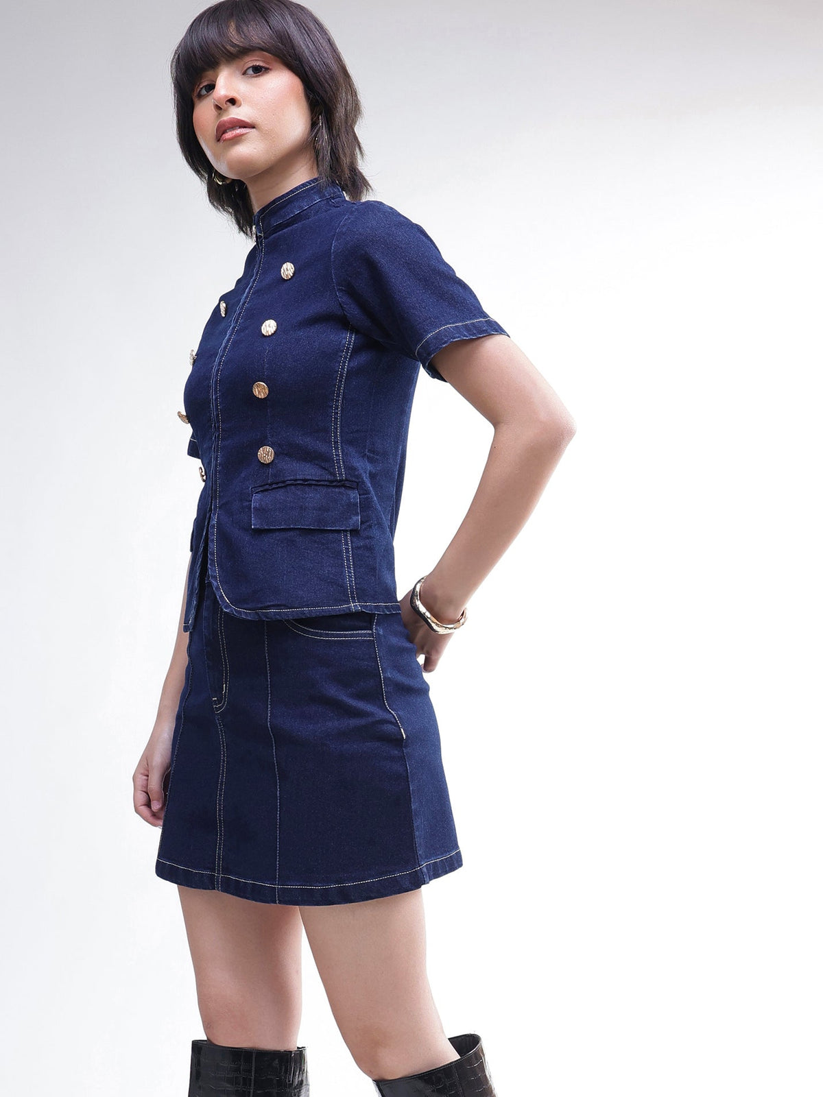 Navy Denim Front Zipper Top With Mini Skirt-SASSAFRAS