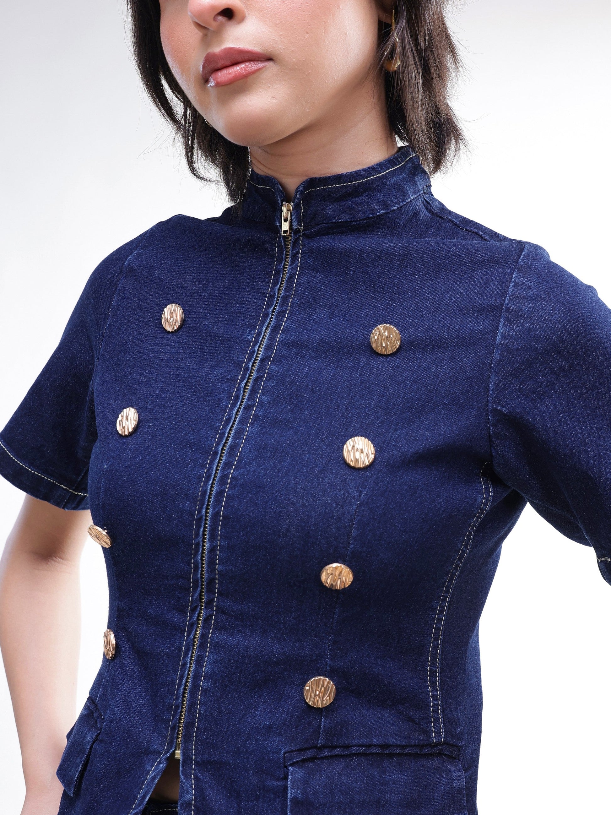 Navy Denim Front Zipper Top With Mini Skirt-SASSAFRAS