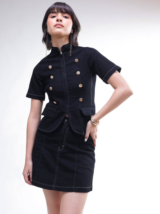 Black Denim Front Zipper Top With Mini Skirt-SASSAFRAS