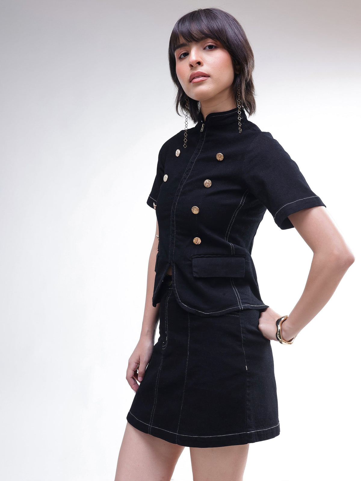 Black Denim Front Zipper Top With Mini Skirt-SASSAFRAS