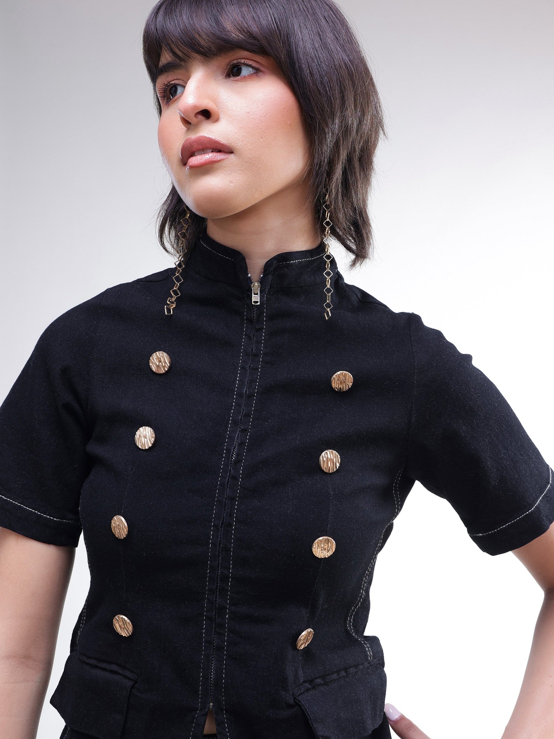 Black Denim Front Zipper Top With Mini Skirt-SASSAFRAS