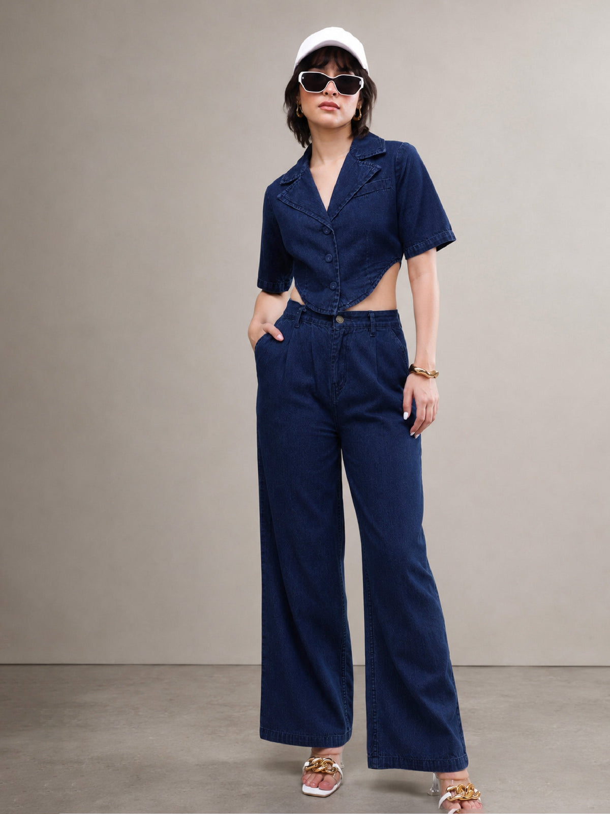 Navy Back Cut-Out Crop Top With Straight Jeans-SASSAFRAS