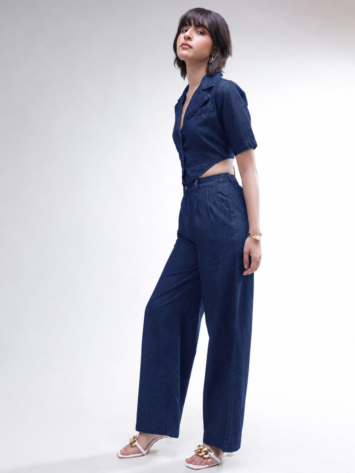 Navy Back Cut-Out Crop Top With Straight Jeans-SASSAFRAS
