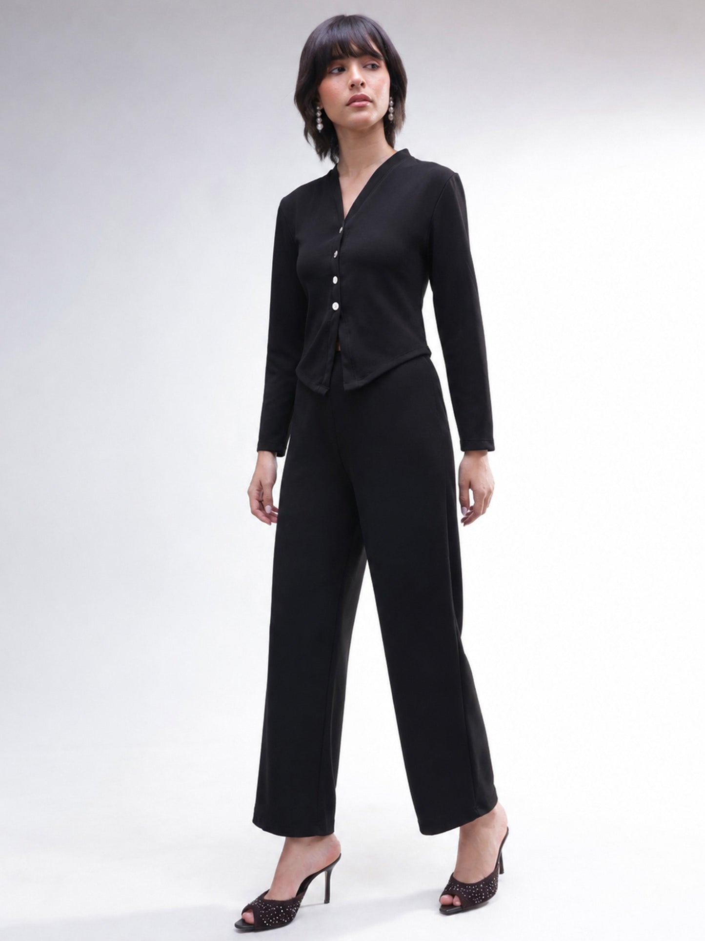 Black Button Down Full Sleeve Top with Track Pants-SASSAFRAS