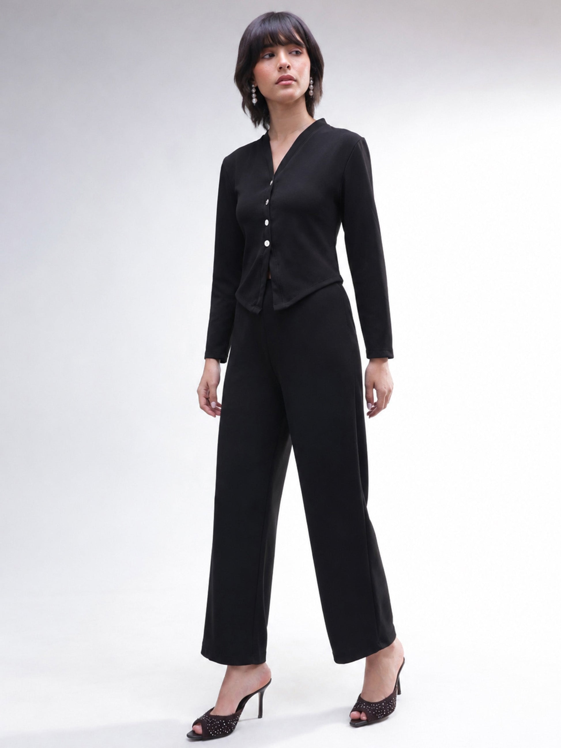 Black Button Down Full Sleeve Top with Track Pants-SASSAFRAS