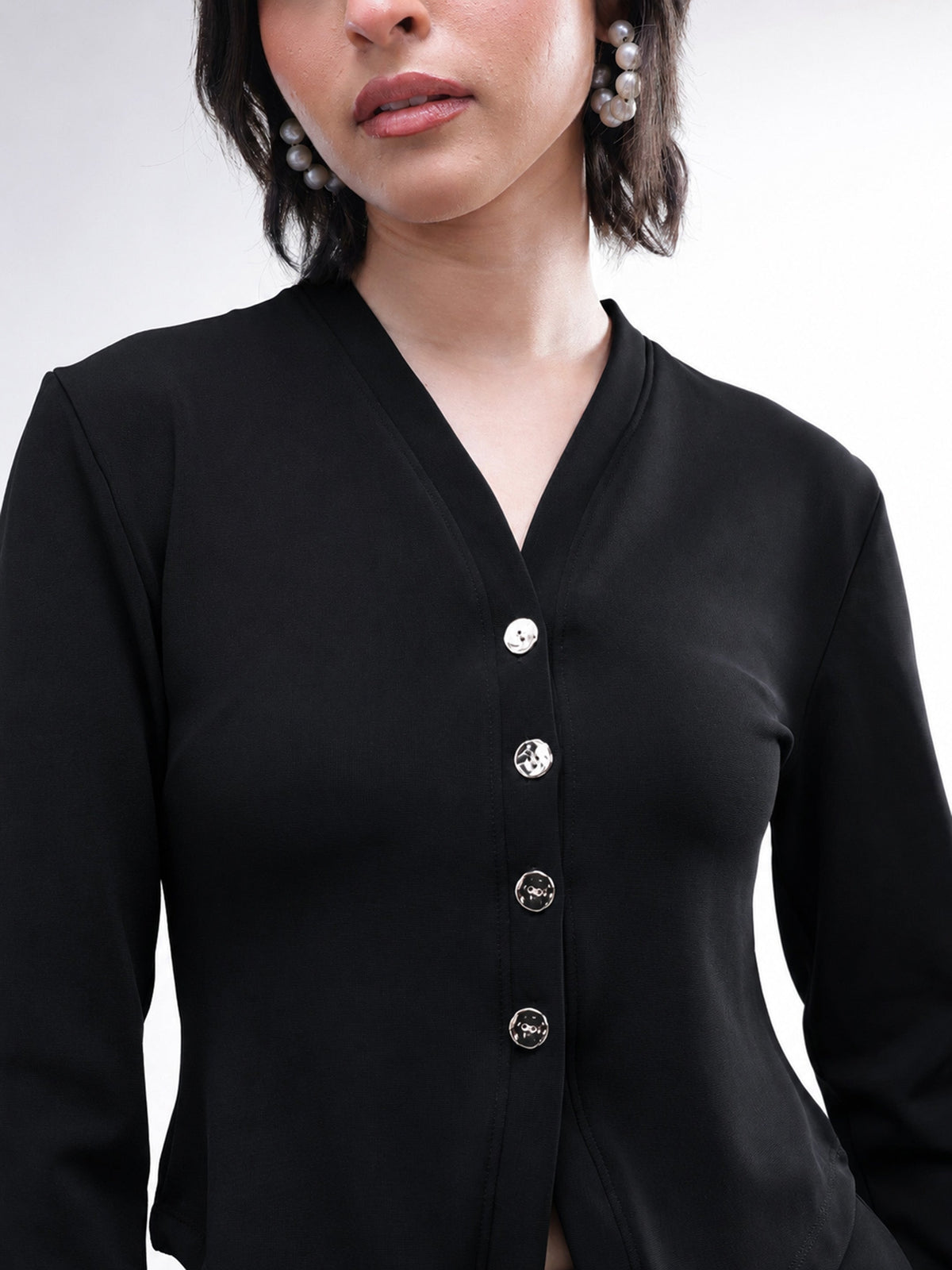 Black Button Down Full Sleeve Top with Track Pants-SASSAFRAS