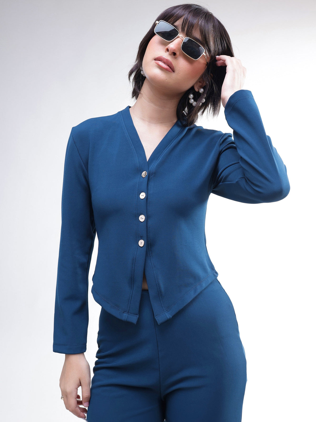 Navy Button Down Full Sleeve Top With Track Pants -SASSAFRAS