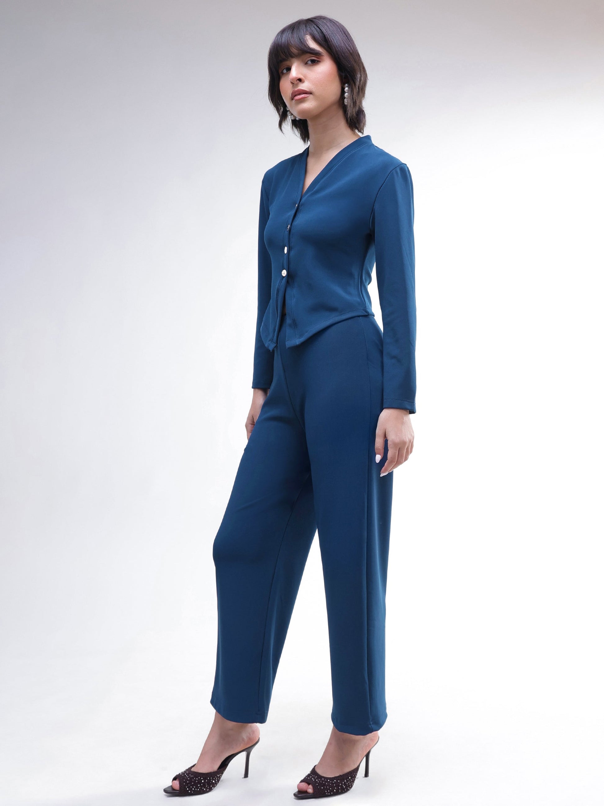 Navy Button Down Full Sleeve Top With Track Pants -SASSAFRAS