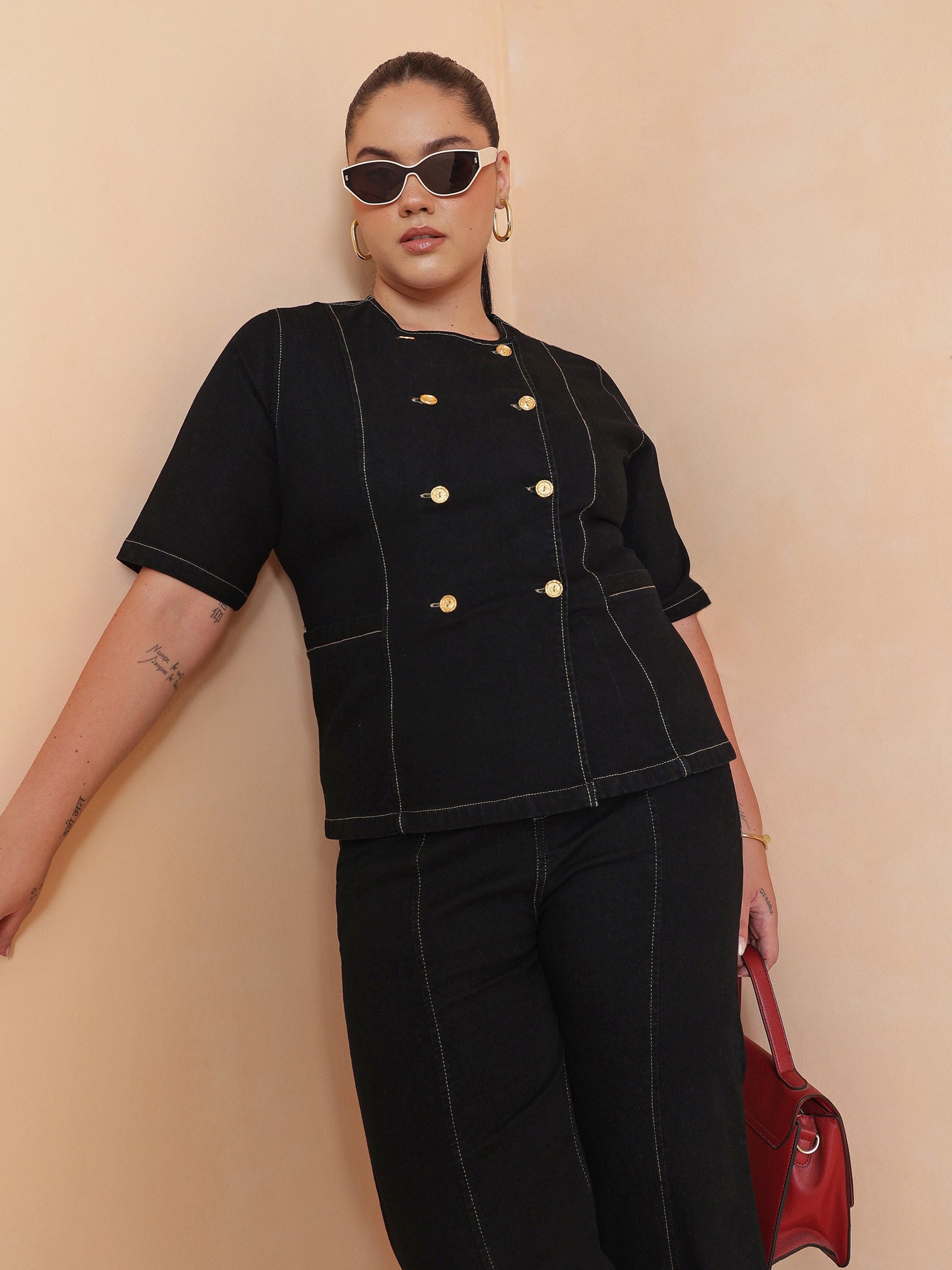 Black Front Button Top With Bell Bottom Jeans-SASSAFRAS Curve