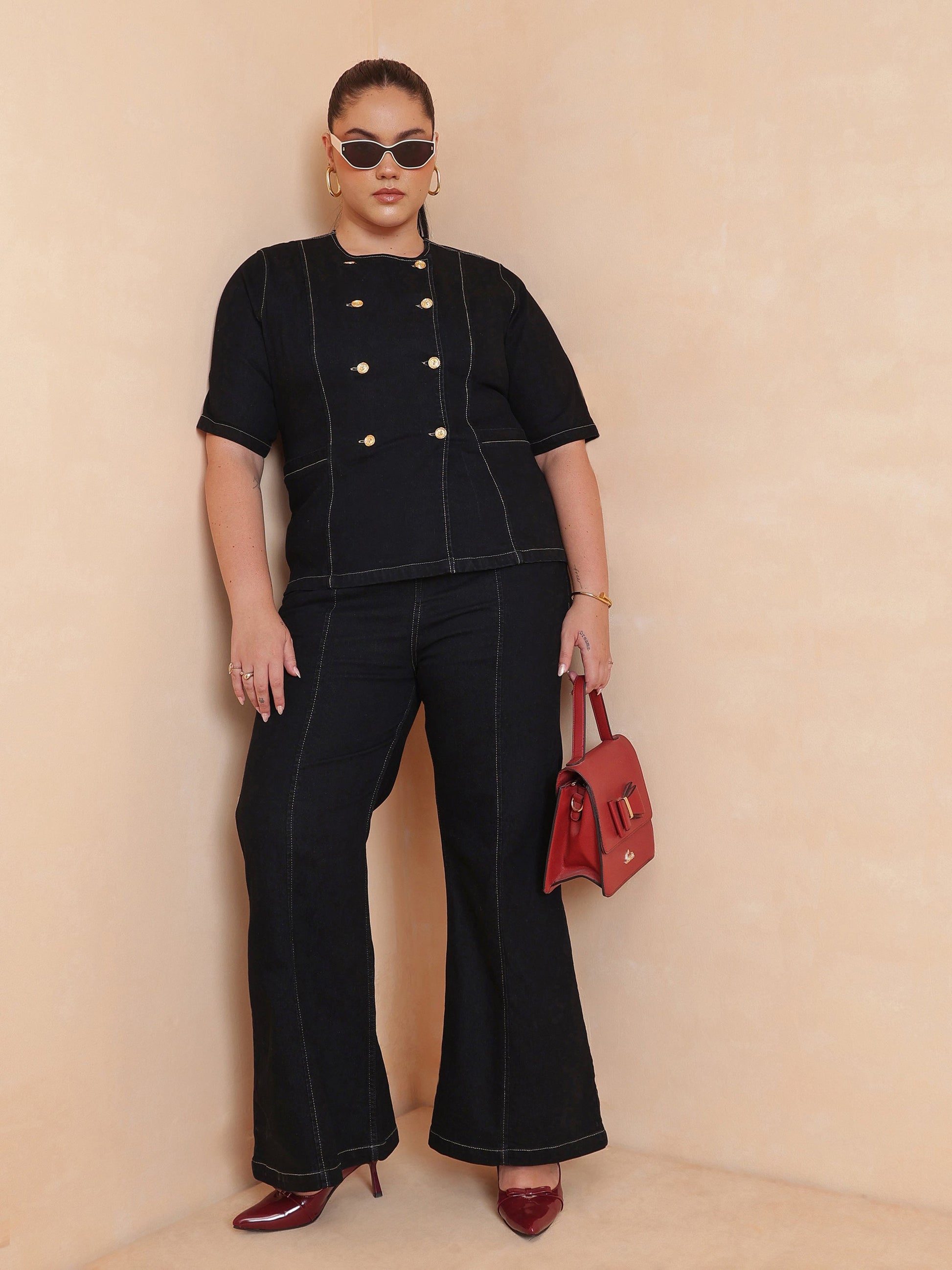 Black Front Button Top With Bell Bottom Jeans-SASSAFRAS Curve