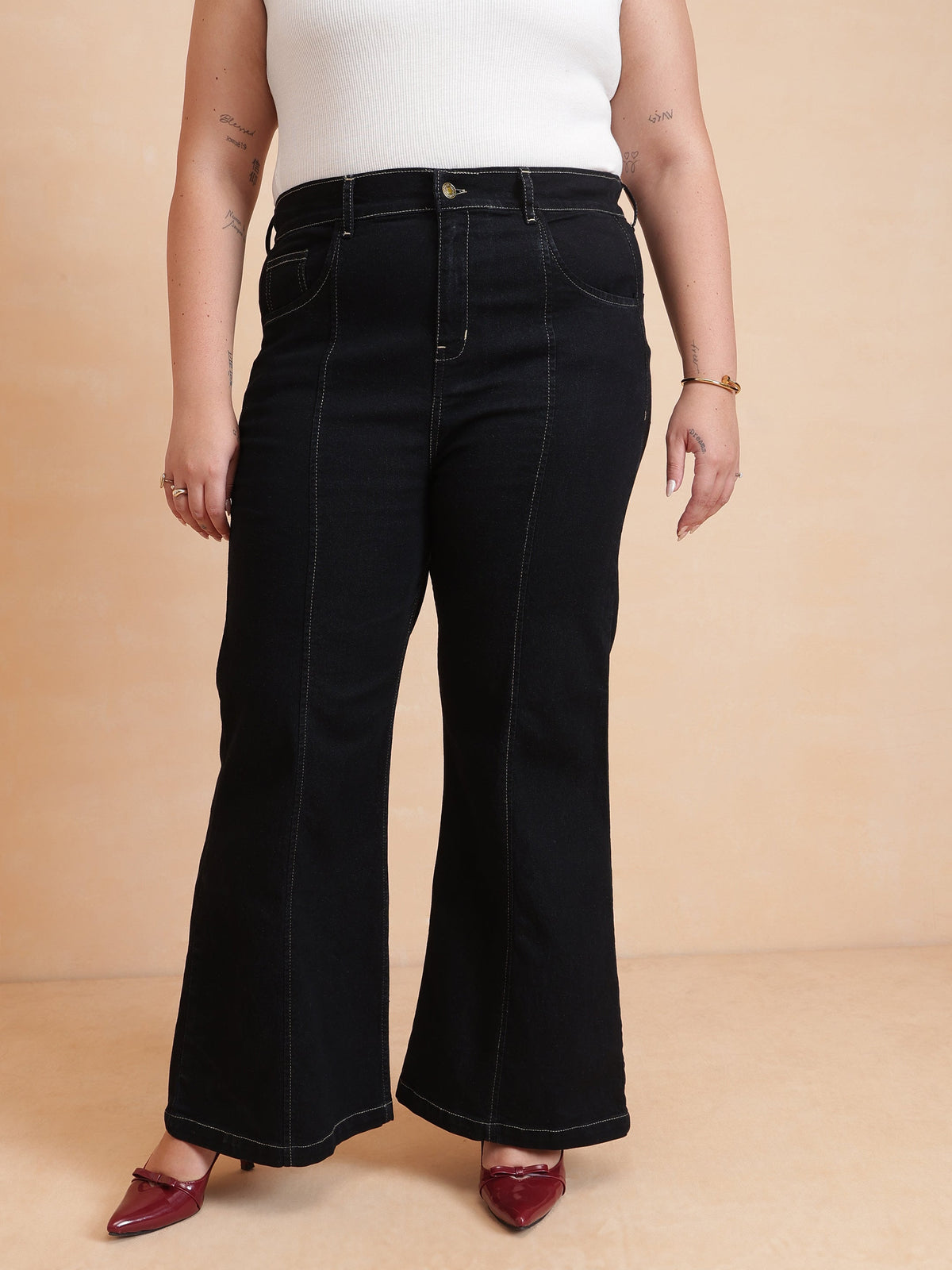 Black Front Button Top With Bell Bottom Jeans-SASSAFRAS Curve