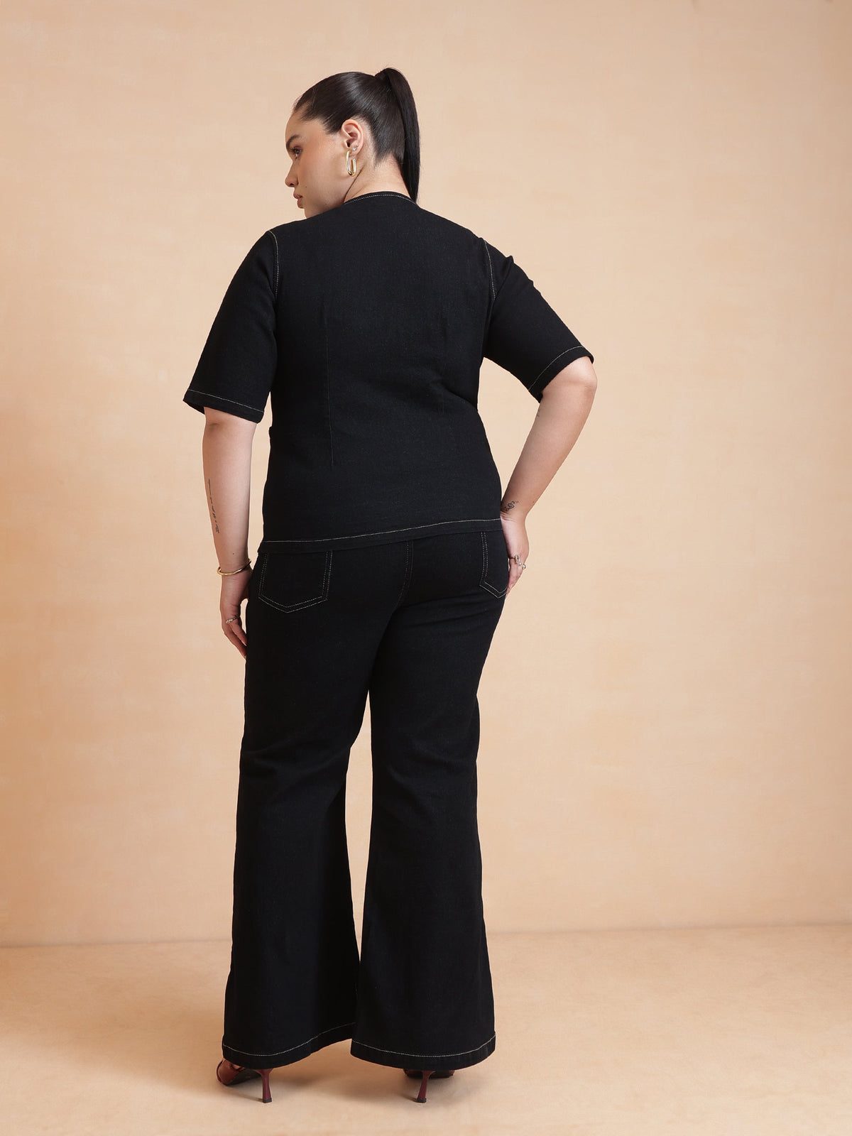 Black Front Button Top With Bell Bottom Jeans-SASSAFRAS Curve